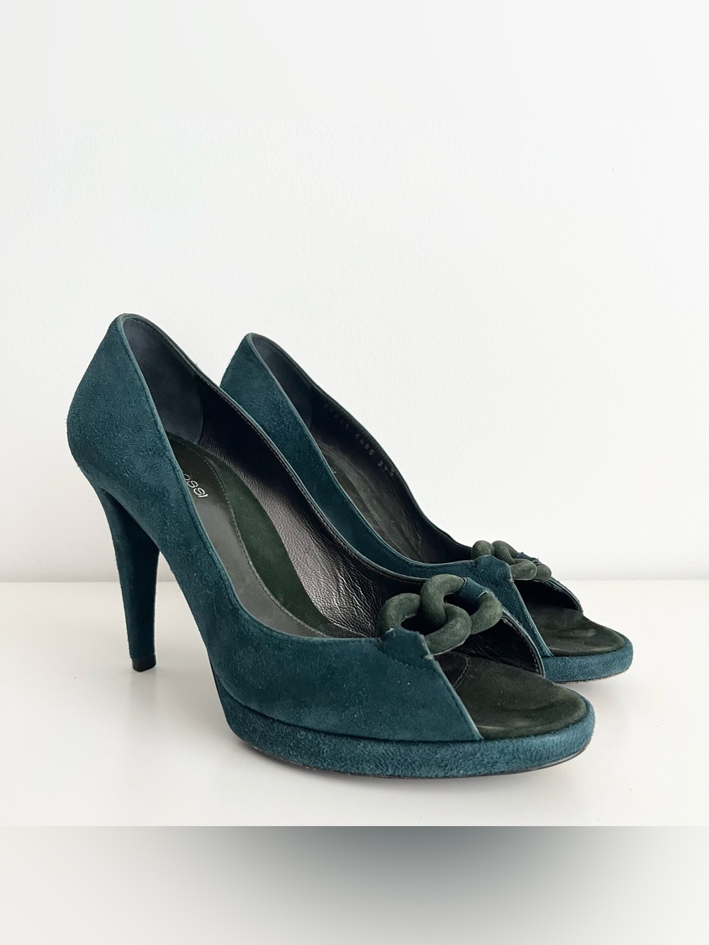 Sergio Rossi Women's Suede Pumps Heels Peep Toe Links 37.5 (7) Rich Green Italy